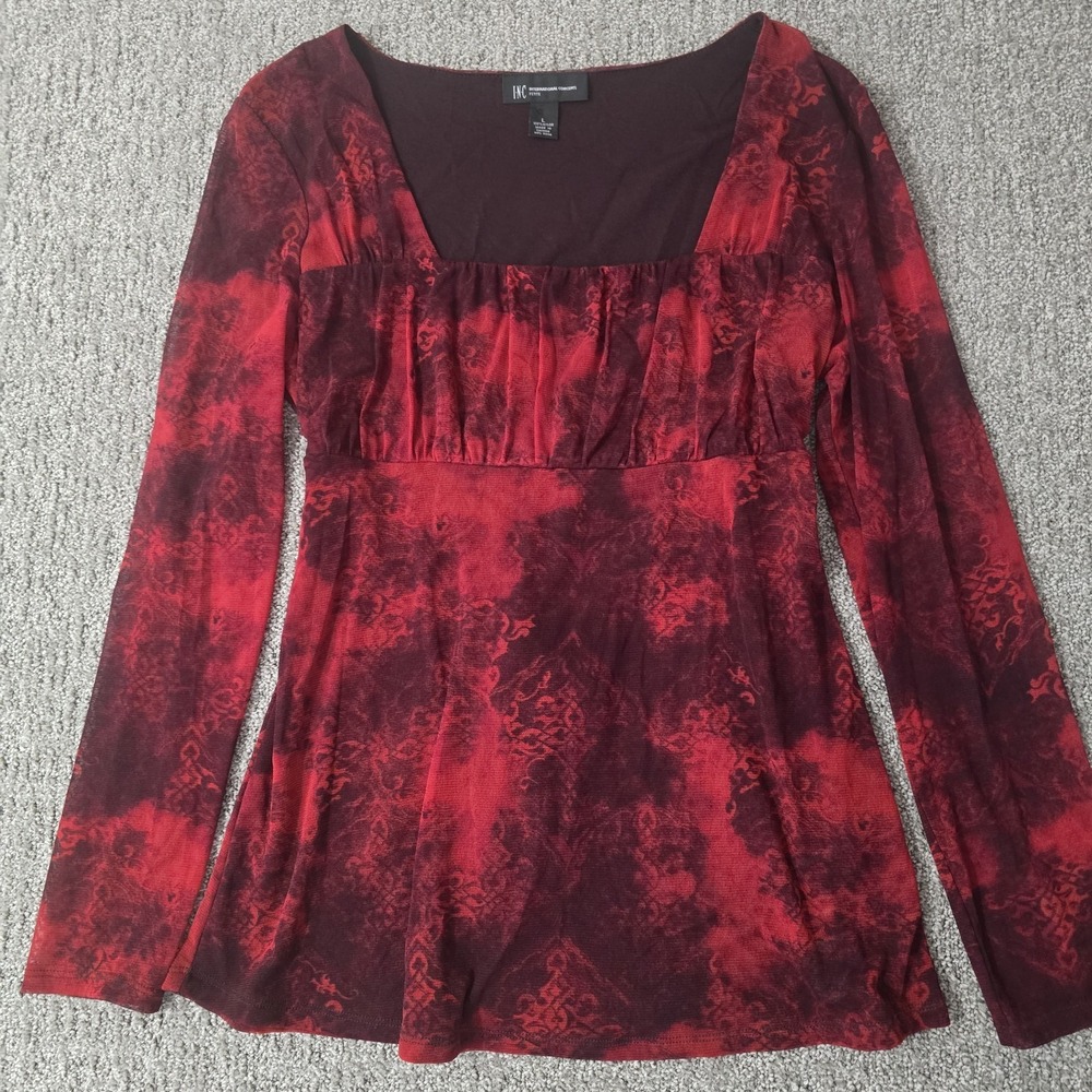INC Petite Mesh Peplum Top Gothic Fairy Grunge Dark Academia Red L Tie Back